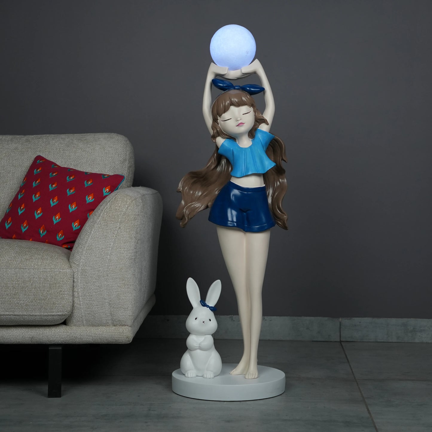 Blue  Glow Girl Lamp with Bunny holding luminous orb – decorative floor lamp.