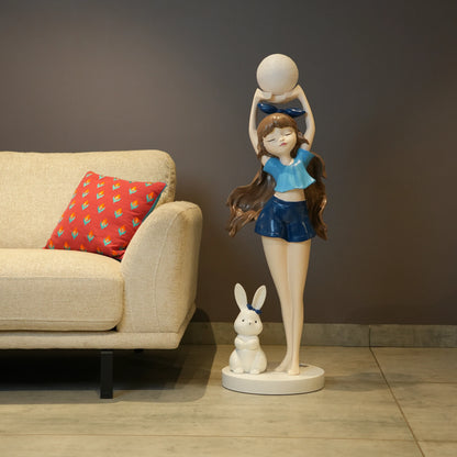 Blue  Glow Girl Lamp with Bunny holding luminous orb – decorative floor lamp.