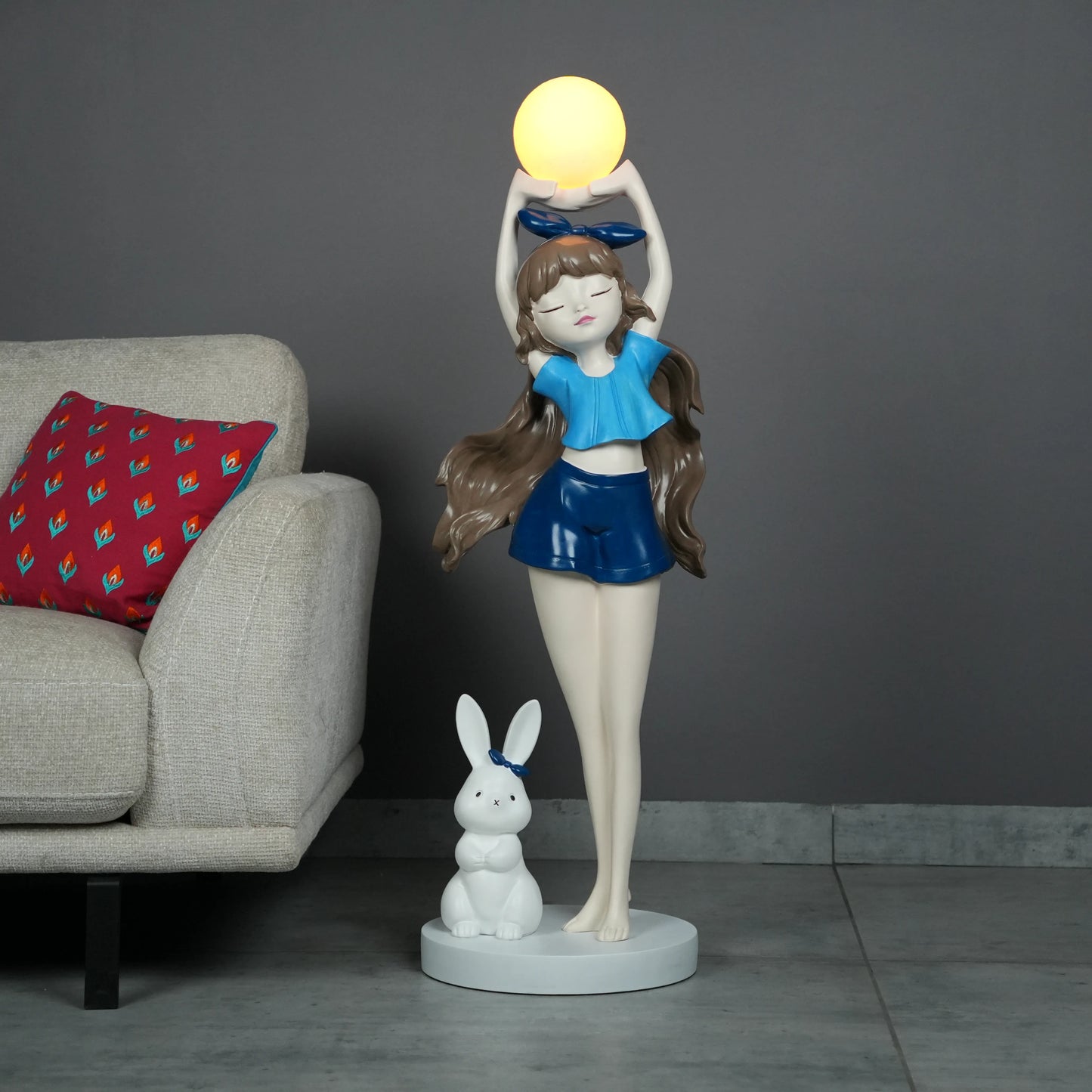 Blue  Glow Girl Lamp with Bunny holding luminous orb – decorative floor lamp.