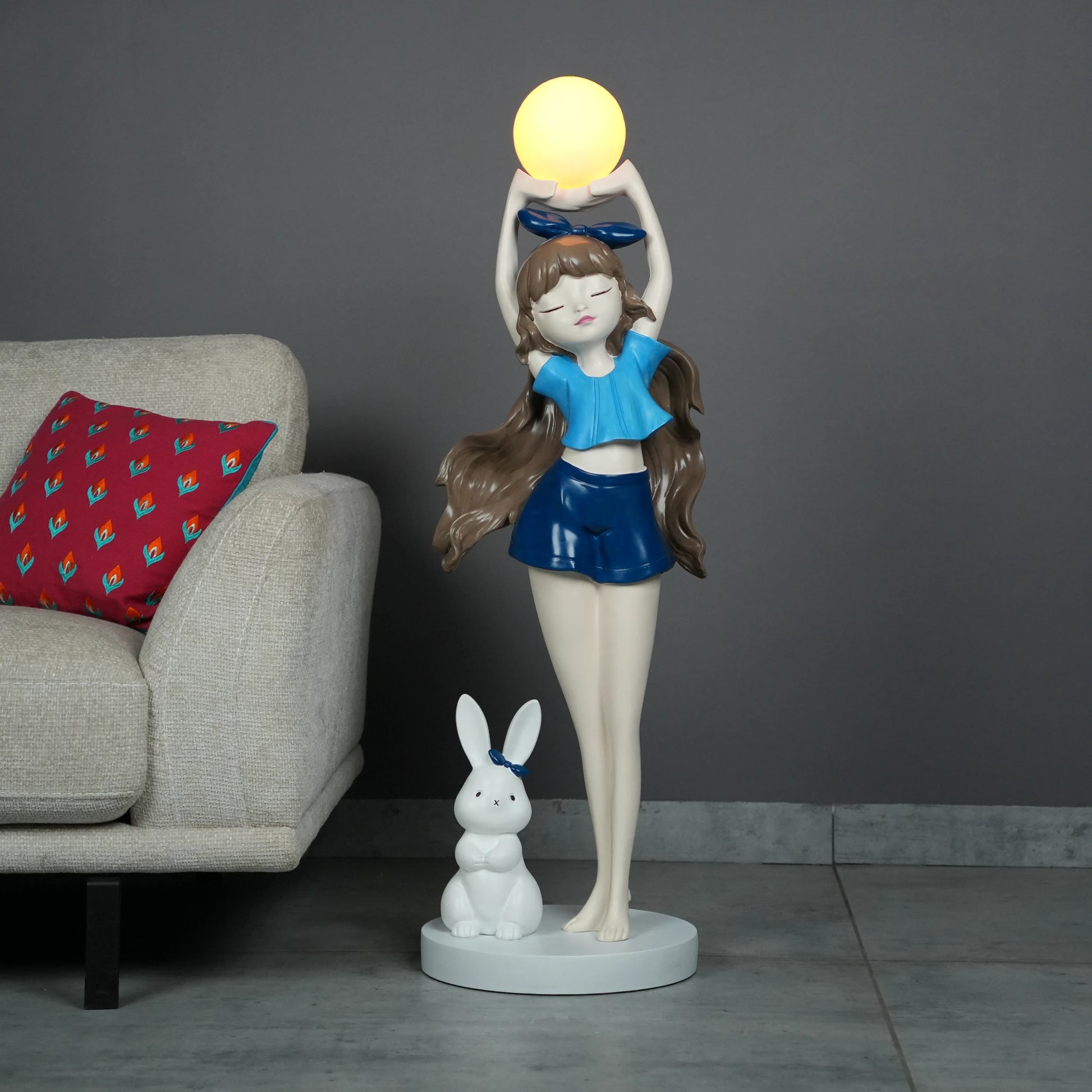 Blue  Glow Girl Lamp with Bunny holding luminous orb – decorative floor lamp.