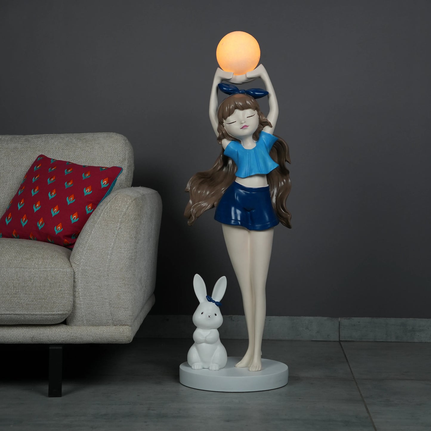 Blue  Glow Girl Lamp with Bunny holding luminous orb – decorative floor lamp.