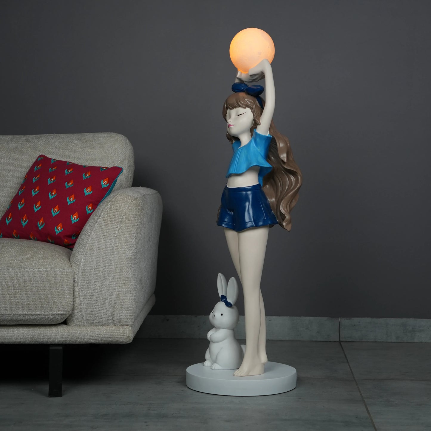 Blue Glow Girl Lamp with Bunny holding luminous orb – decorative floor lamp.