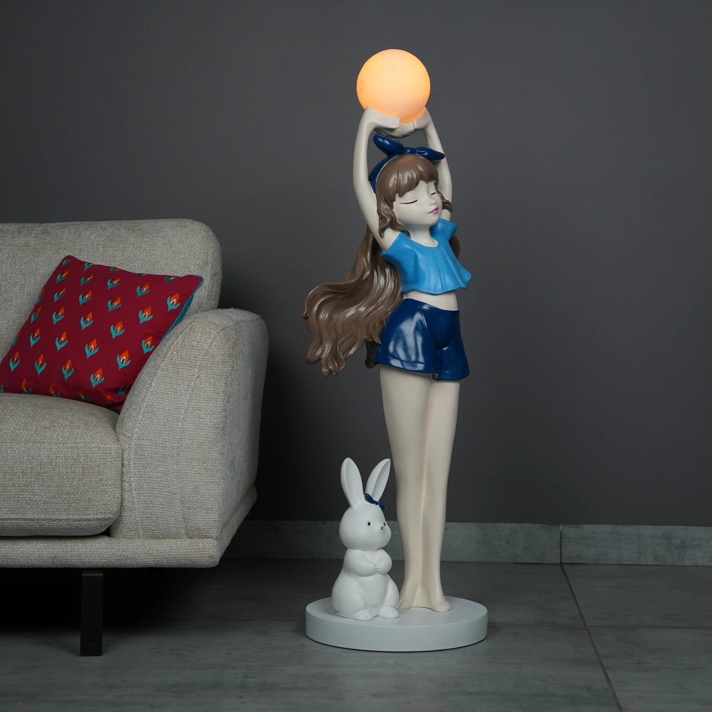 Blue  Glow Girl Lamp with Bunny holding luminous orb – decorative floor lamp.