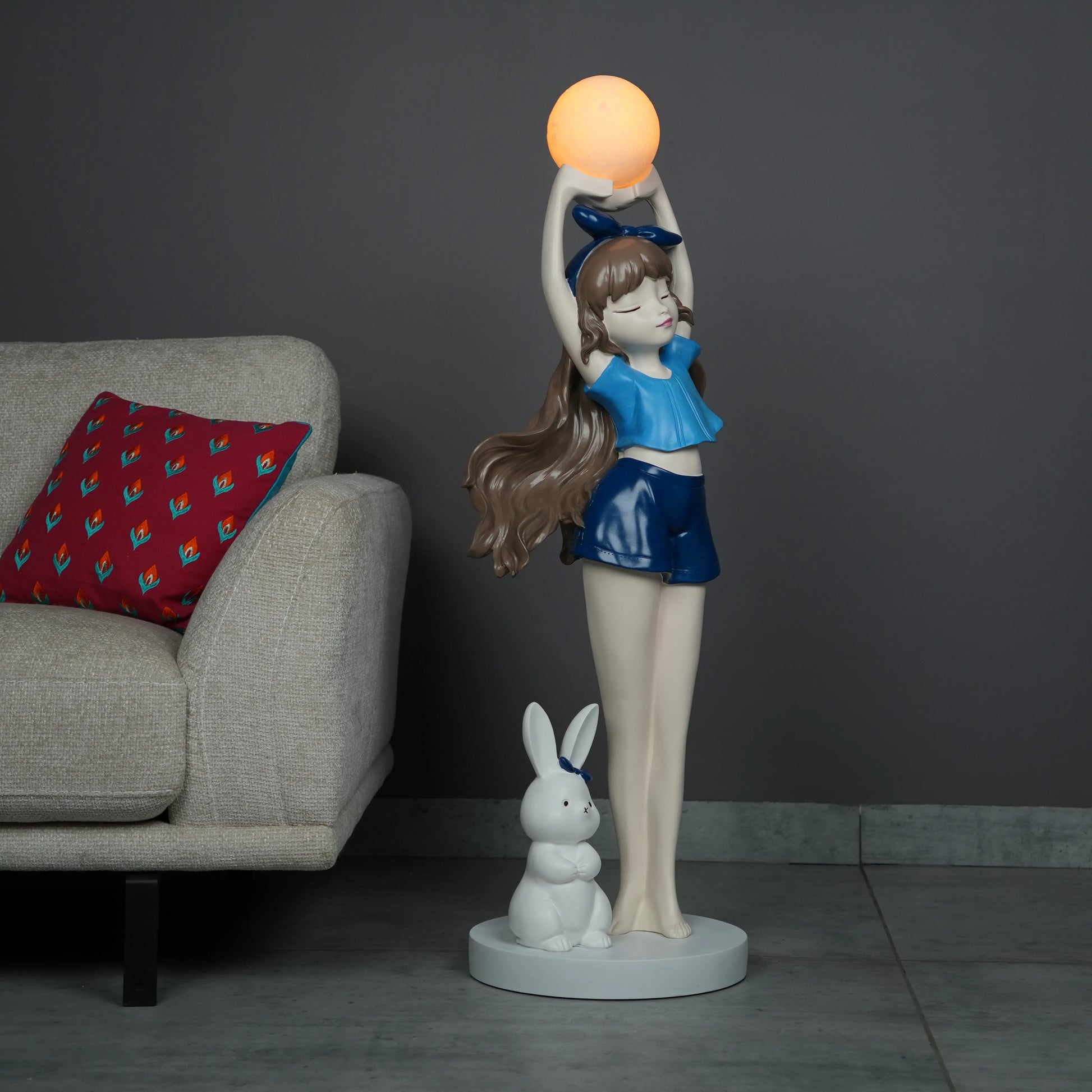 Blue  Glow Girl Lamp with Bunny holding luminous orb – decorative floor lamp.