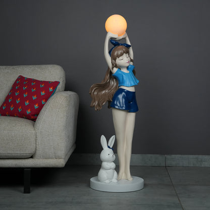 Blue  Glow Girl Lamp with Bunny holding luminous orb – decorative floor lamp.