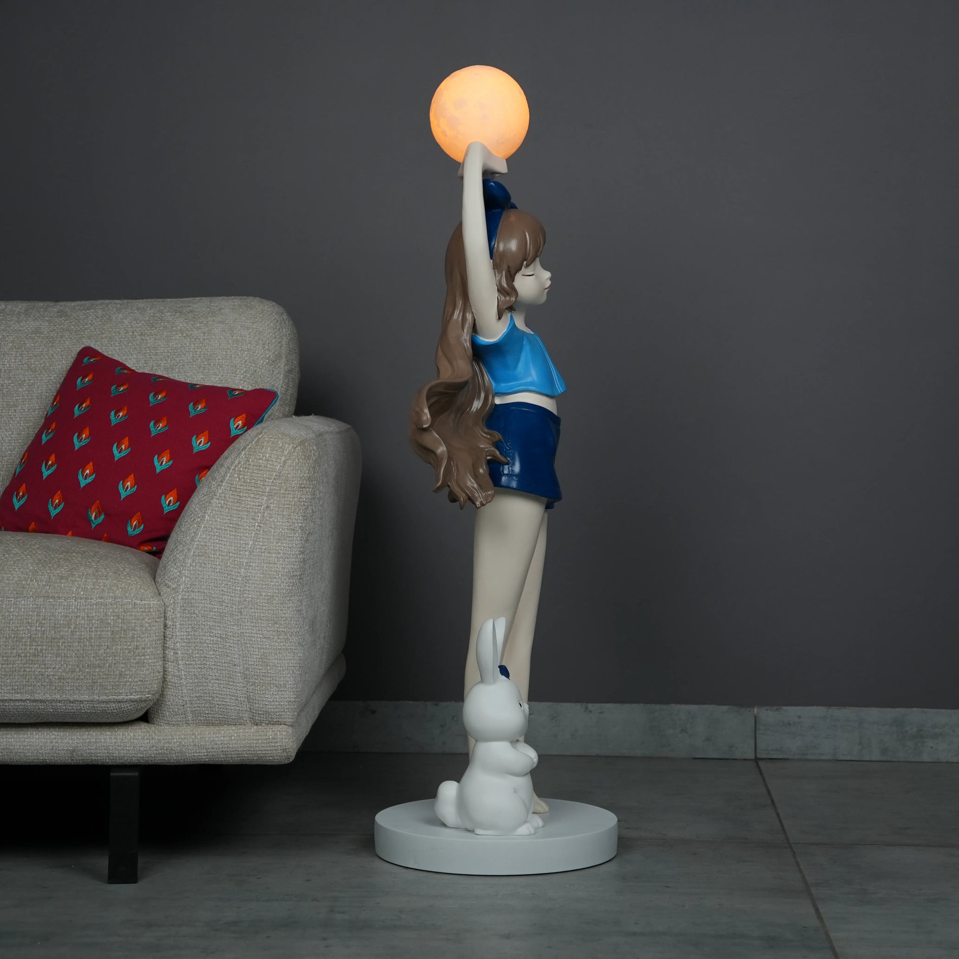 Blue  Glow Girl Lamp with Bunny holding luminous orb – decorative floor lamp.