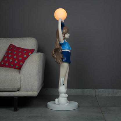 Blue  Glow Girl Lamp with Bunny holding luminous orb – decorative floor lamp.