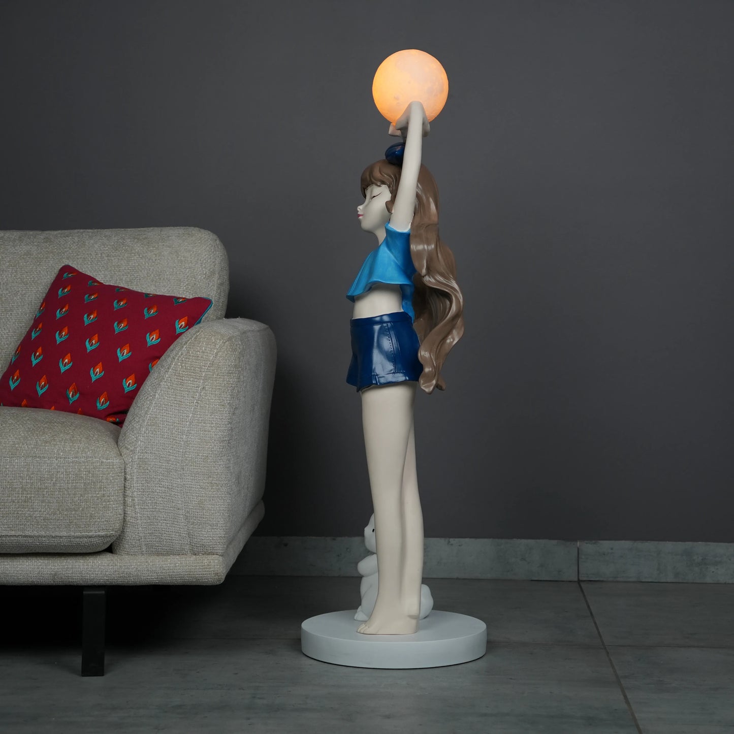 Blue  Glow Girl Lamp with Bunny holding luminous orb – decorative floor lamp.