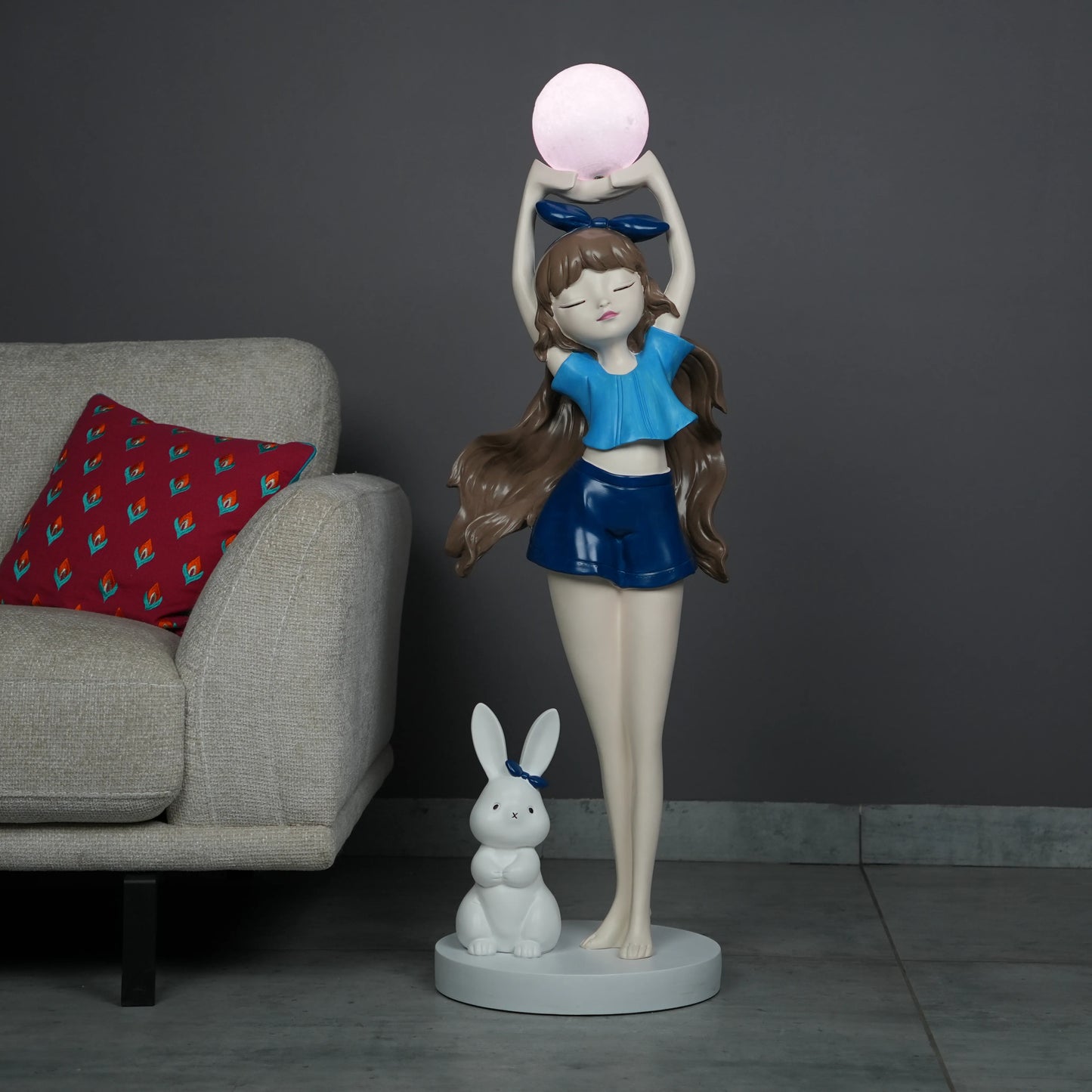 Blue  Glow Girl Lamp with Bunny holding luminous orb – decorative floor lamp.