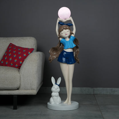 Blue  Glow Girl Lamp with Bunny holding luminous orb – decorative floor lamp.