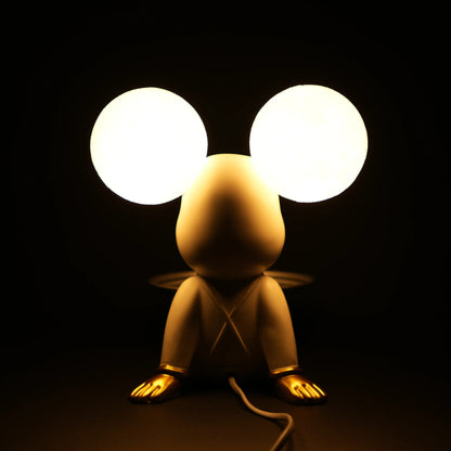 white bunny lamp with glowing round ears and gold-detailed tray