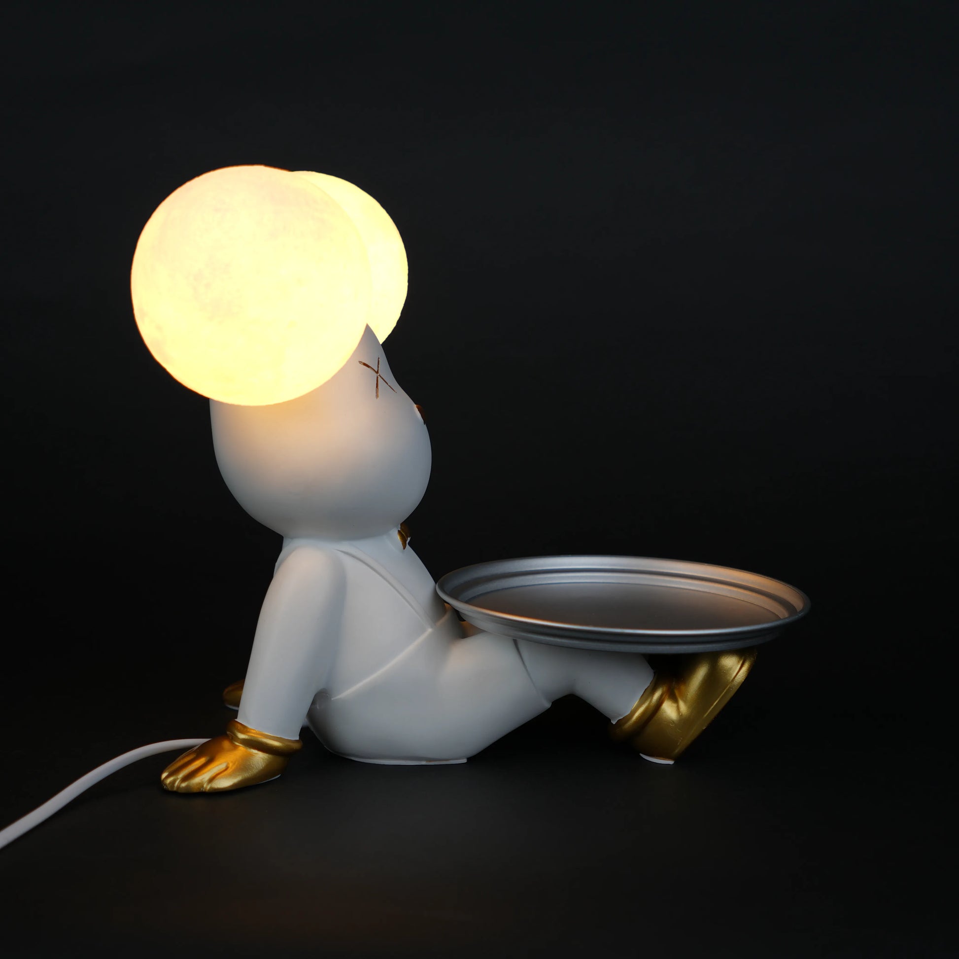 white bunny lamp with glowing round ears and gold-detailed tray
