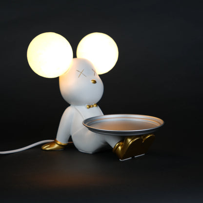 white bunny lamp with glowing round ears and gold-detailed tray