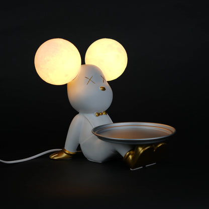 white bunny lamp with glowing round ears and gold-detailed tray