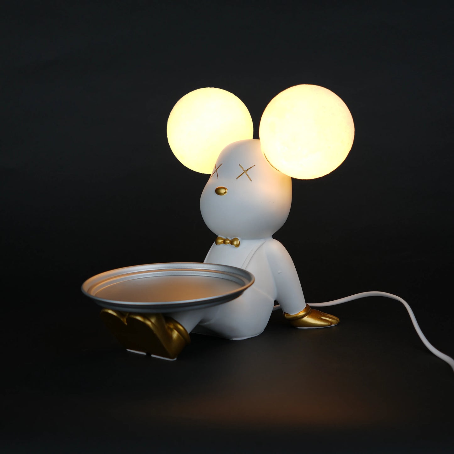 white bunny lamp with glowing round ears and gold-detailed tray