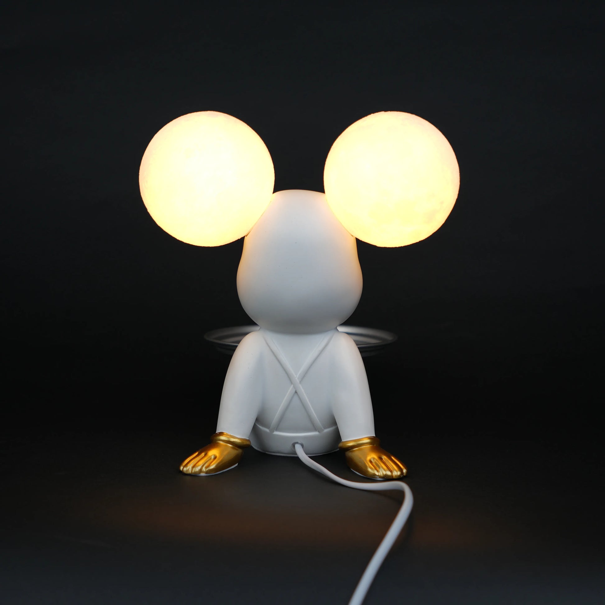 white bunny lamp with glowing round ears and gold-detailed tray