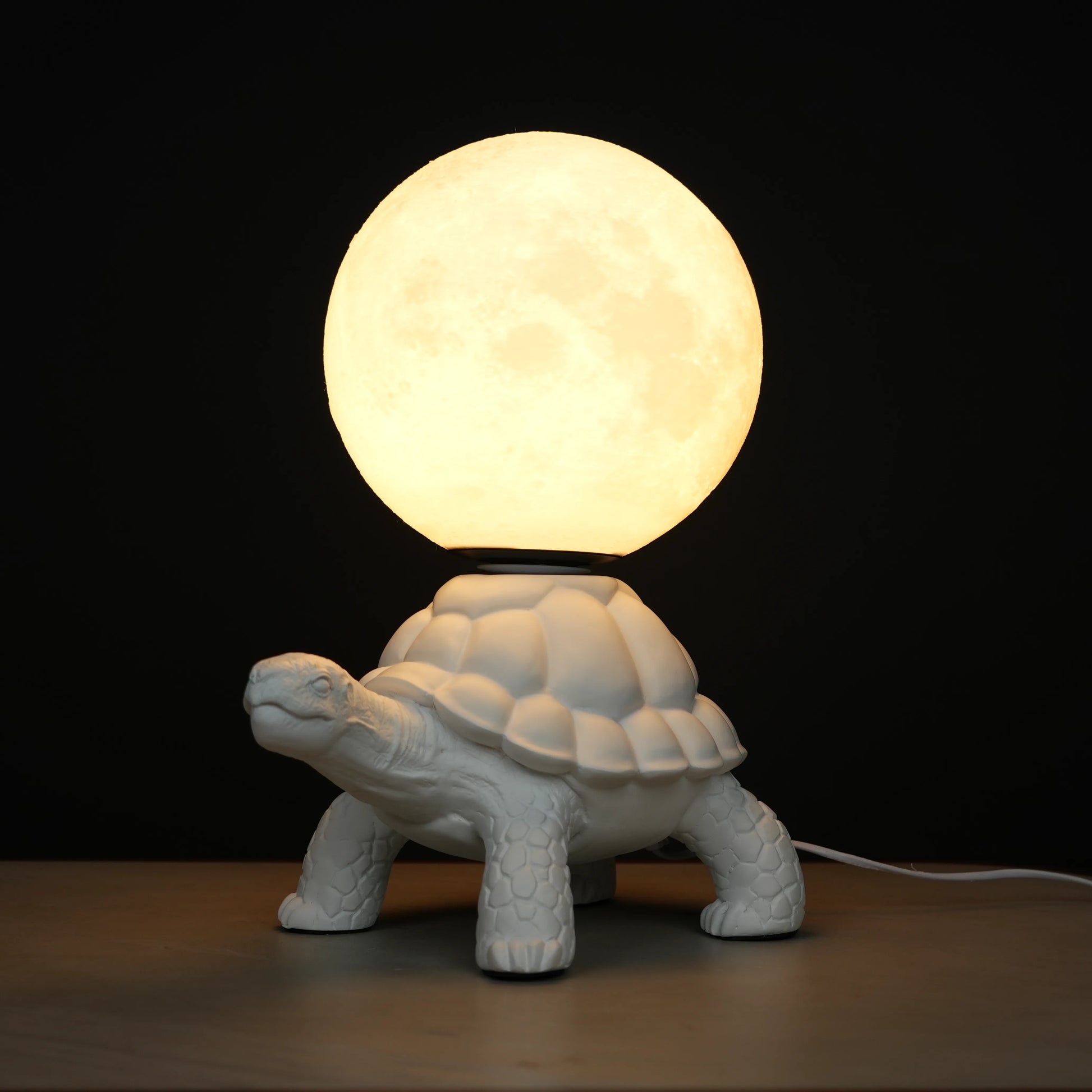 White tortoise sculpture lamp with a glowing moon orb placed on its shell.