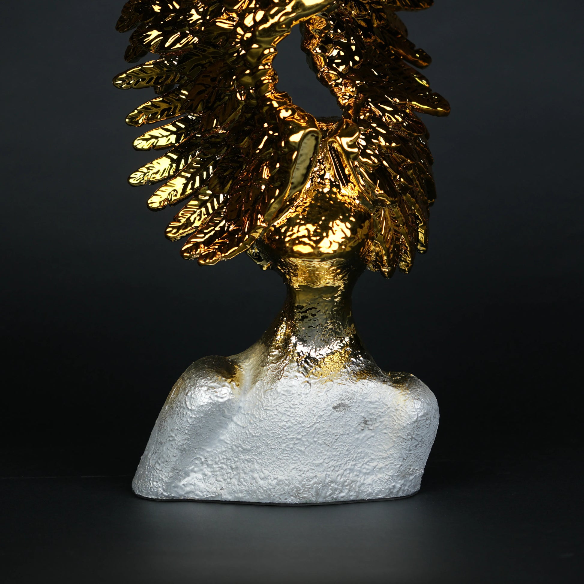 Electroplated gold phoenix wing sculpture with textured silver base – luxury modern décor.