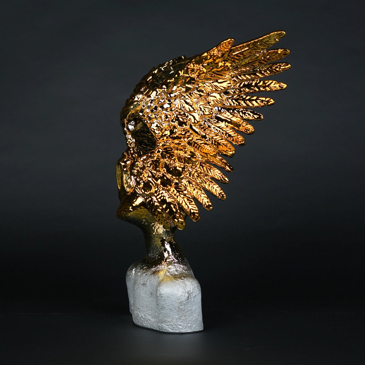 Electroplated gold phoenix wing sculpture with textured silver base – luxury modern décor.