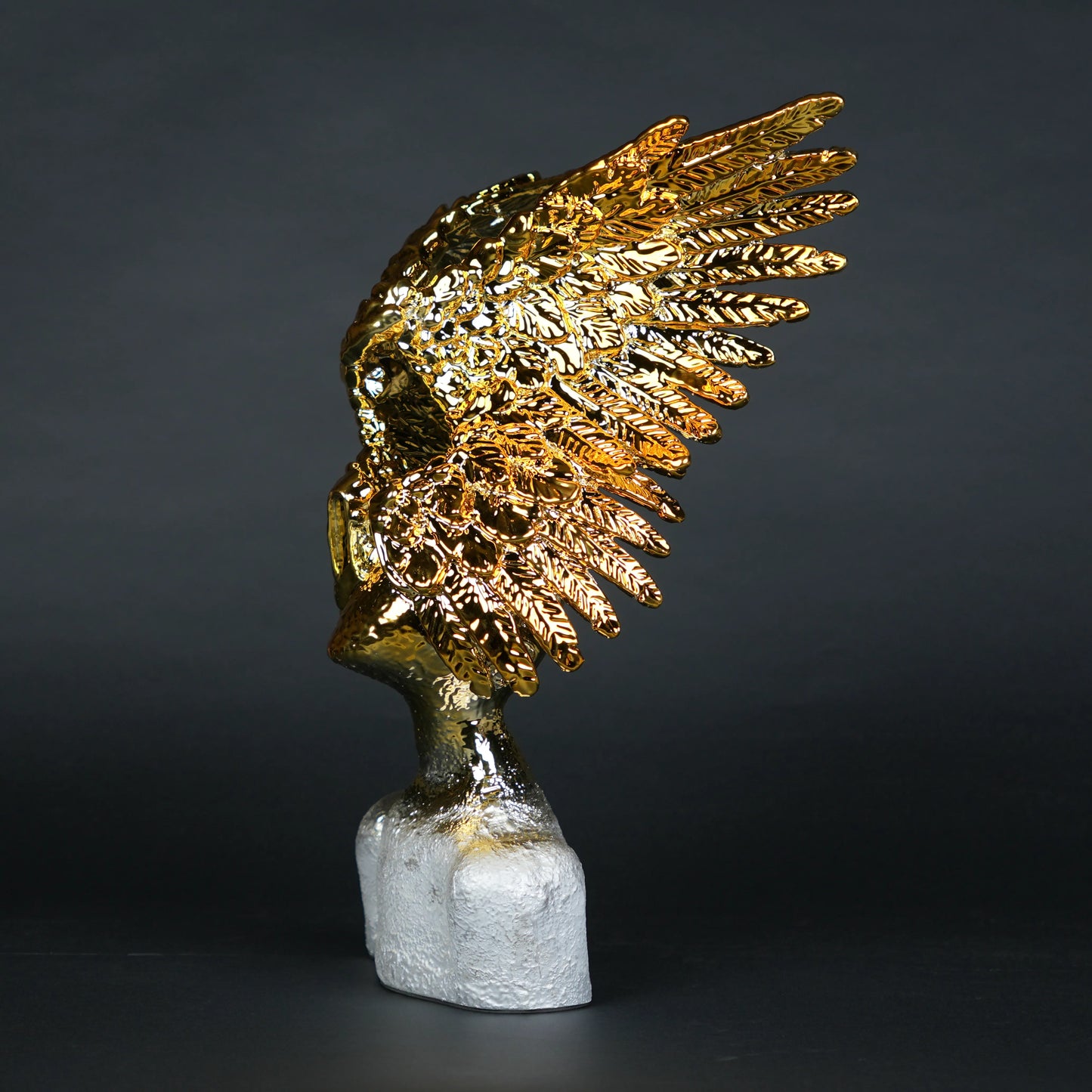 Electroplated gold phoenix wing sculpture with textured silver base – luxury modern décor.