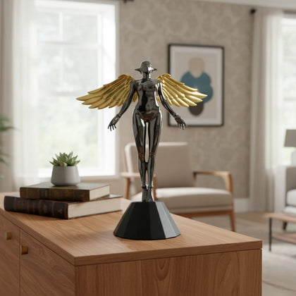 Contemporary black and gold winged human figurine for luxury tabletop decor and modern living room styling with artistic interior accents
