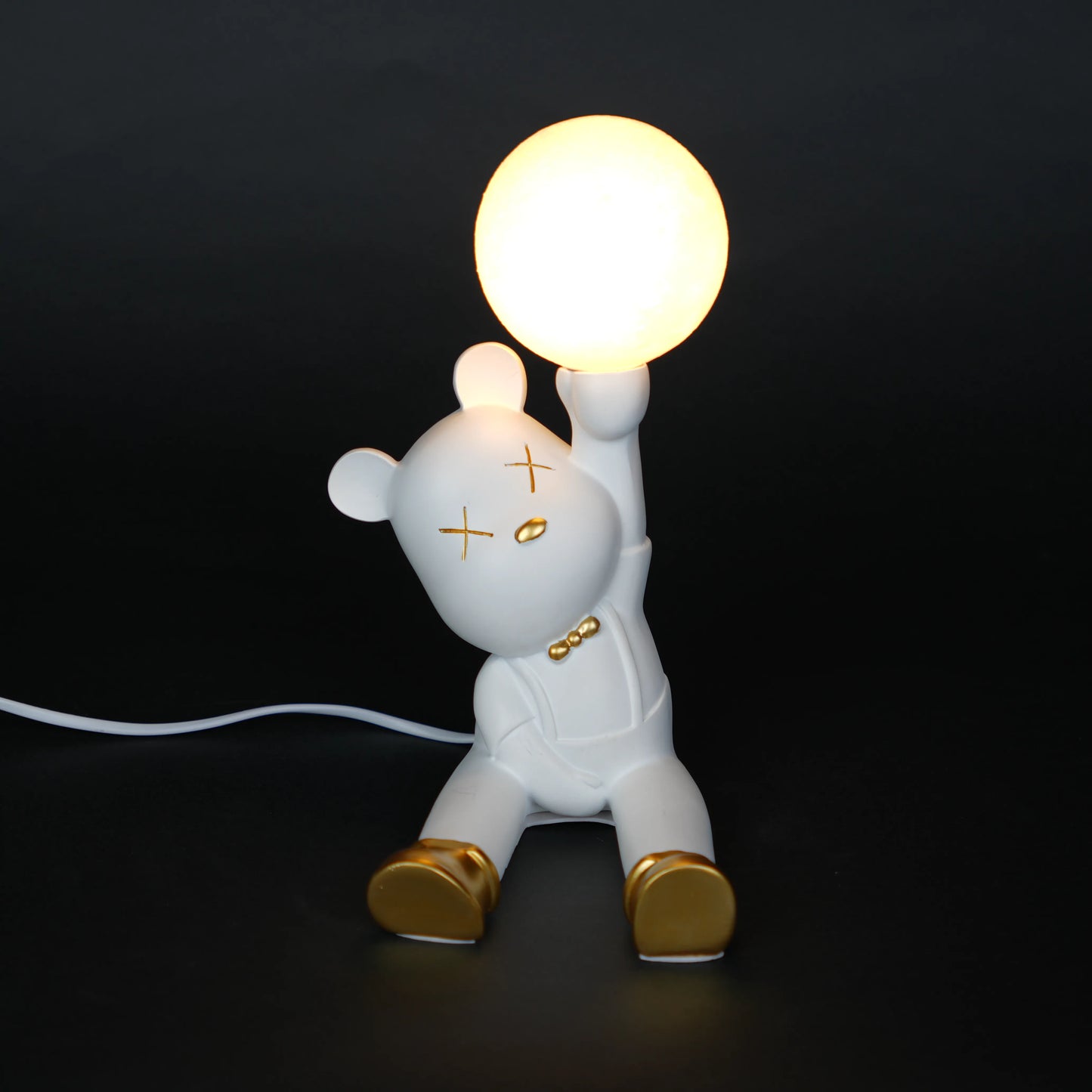 White bunny lamp with glowing orb ears holding a metallic tray.