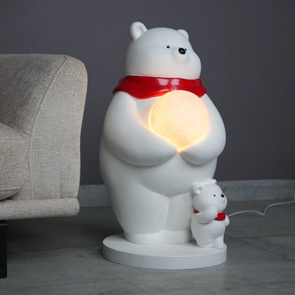 White ceramic polar-bear lamp with glowing orb and cub — Polar Glow Lamp by Ghar Art, handcrafted modern home-decor lighting for cozy and luxury interiors.