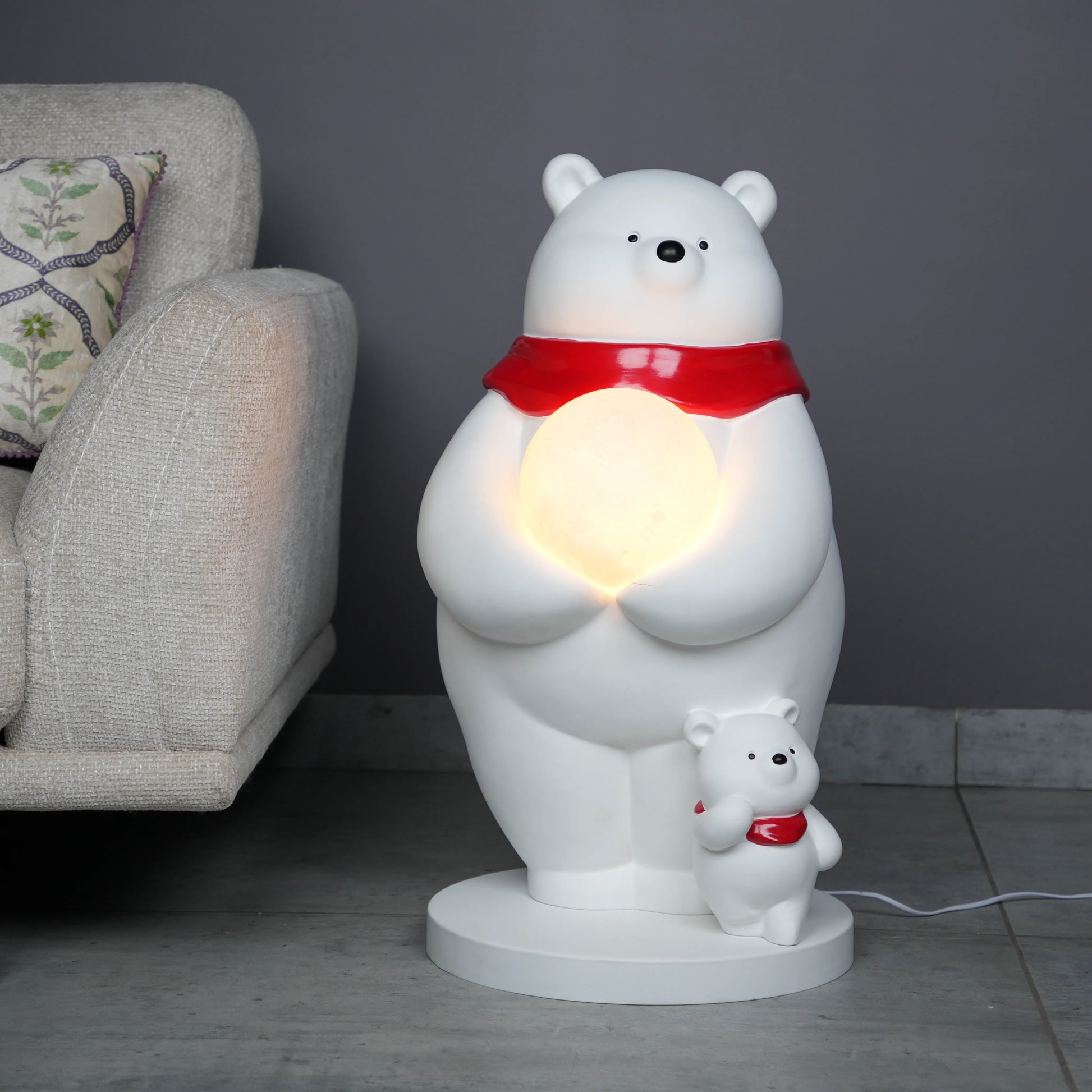 White ceramic polar-bear lamp with glowing orb and cub — Polar Glow Lamp by Ghar Art, handcrafted modern home-decor lighting for cozy and luxury interiors.