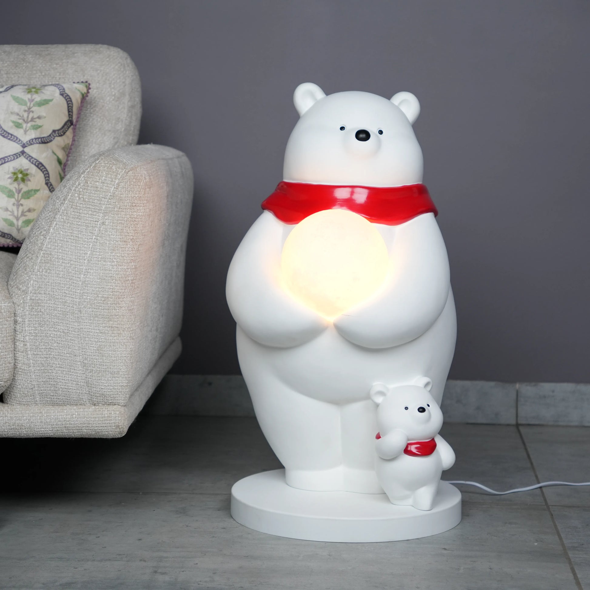 White ceramic polar-bear lamp with glowing orb and cub — Polar Glow Lamp by Ghar Art, handcrafted modern home-decor lighting for cozy and luxury interiors.