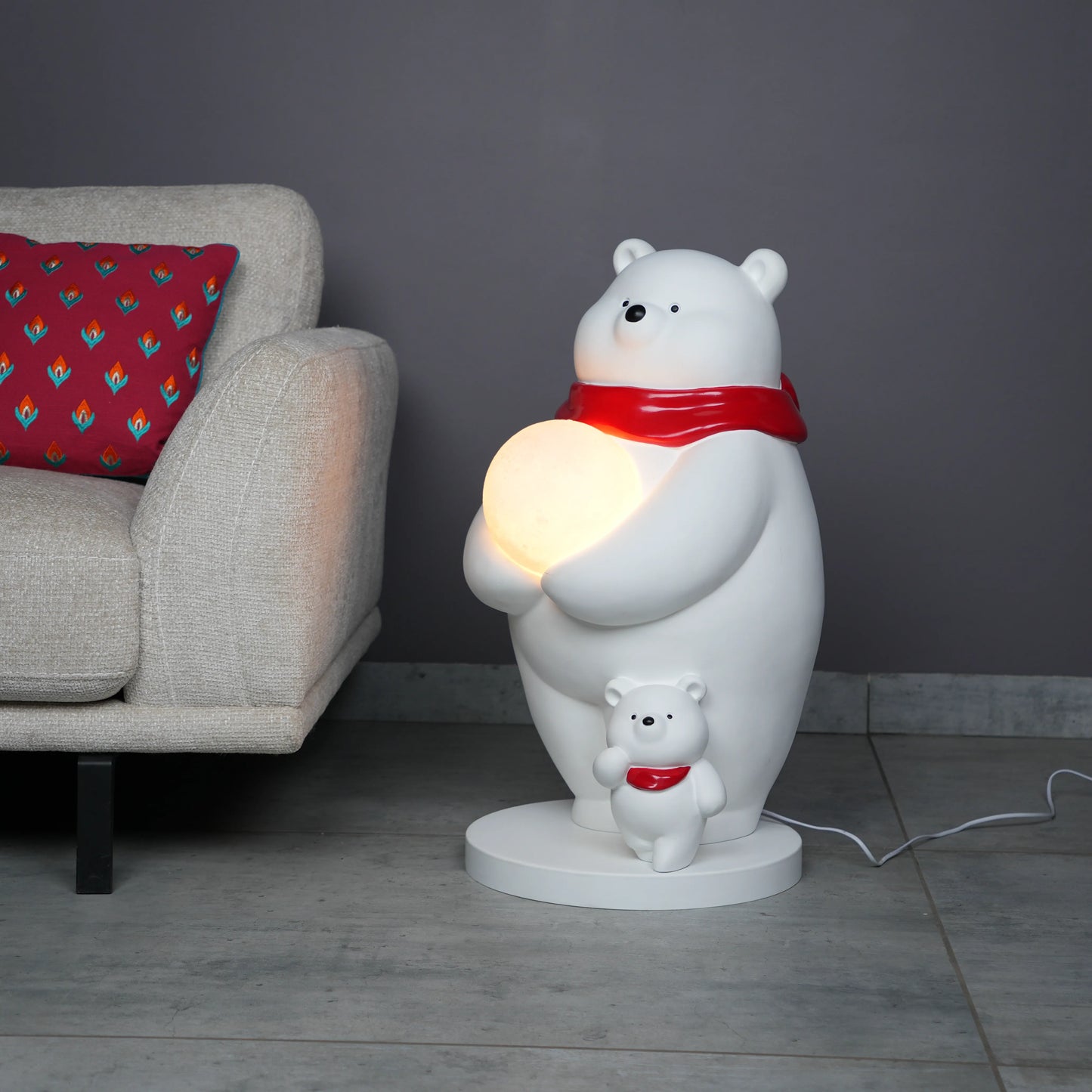 White ceramic polar-bear lamp with glowing orb and cub — Polar Glow Lamp by Ghar Art, handcrafted modern home-decor lighting for cozy and luxury interiors.