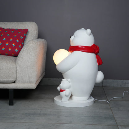 White ceramic polar-bear lamp with glowing orb and cub — Polar Glow Lamp by Ghar Art, handcrafted modern home-decor lighting for cozy and luxury interiors.