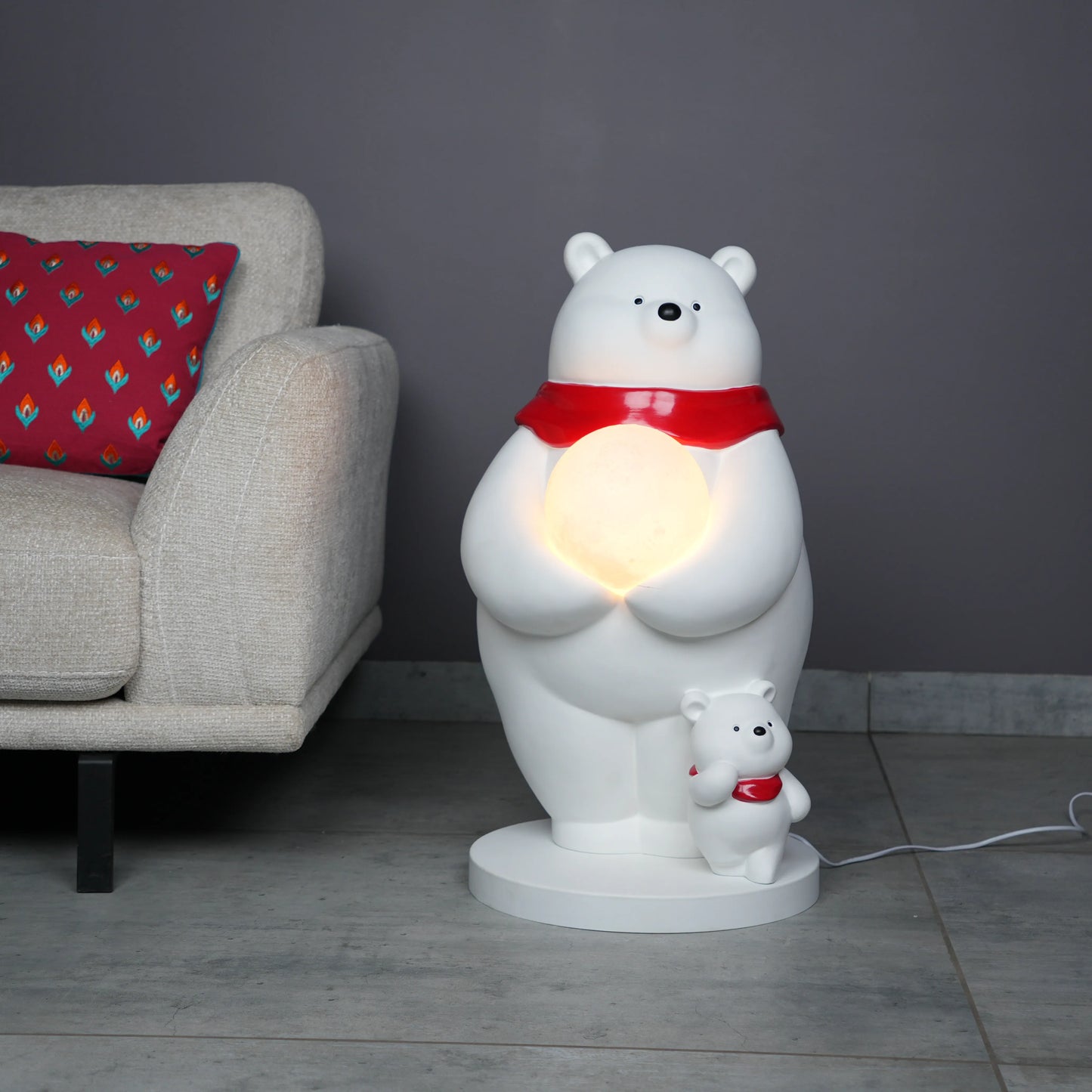 White ceramic polar-bear lamp with glowing orb and cub — Polar Glow Lamp by Ghar Art, handcrafted modern home-decor lighting for cozy and luxury interiors.