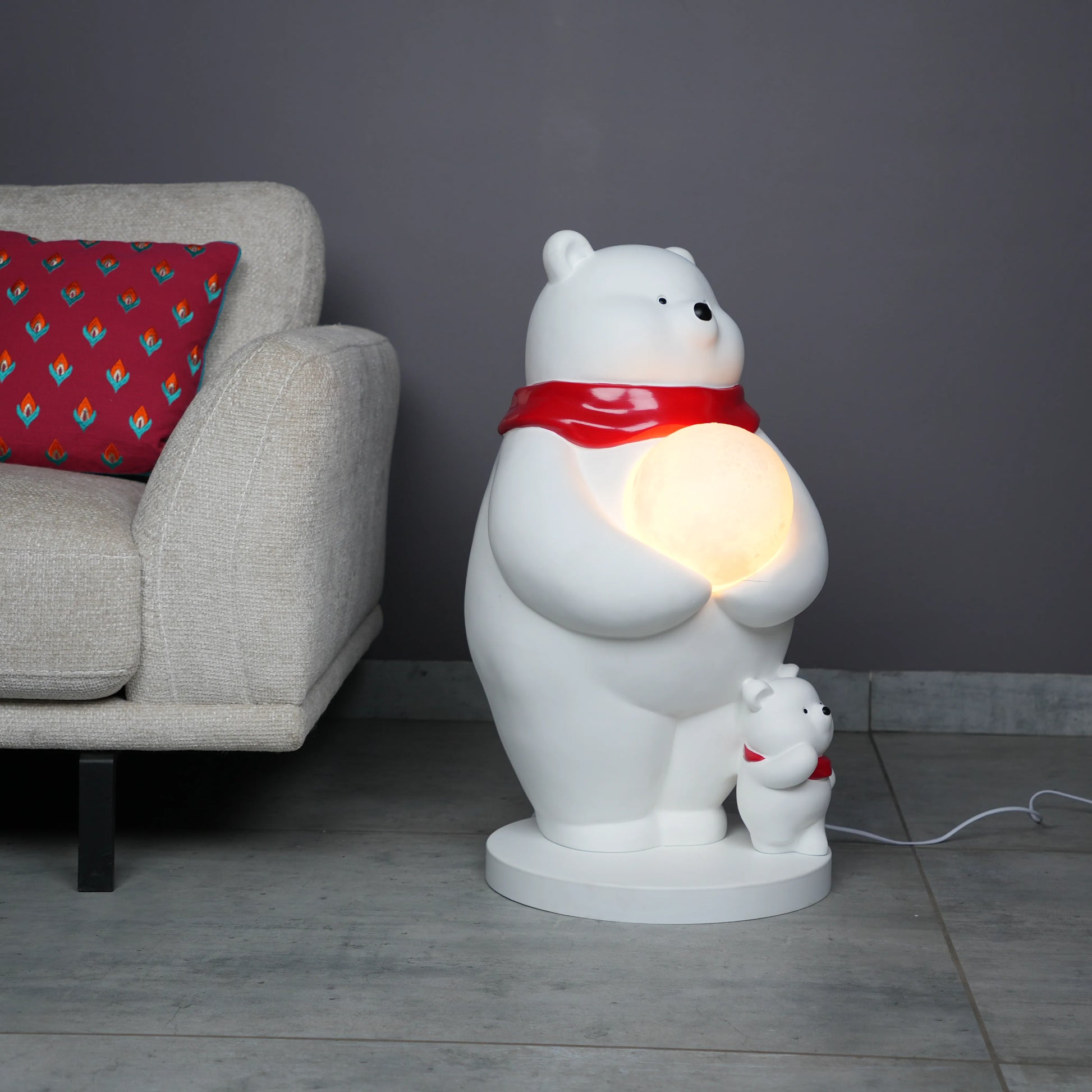 White ceramic polar-bear lamp with glowing orb and cub — Polar Glow Lamp by Ghar Art, handcrafted modern home-decor lighting for cozy and luxury interiors.