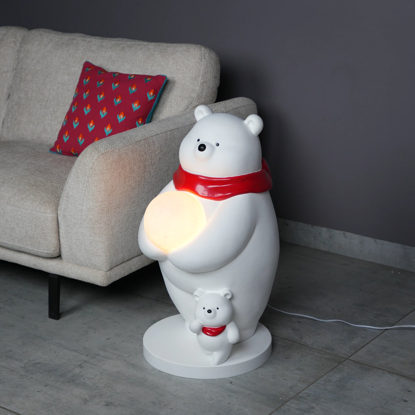 White ceramic polar-bear lamp with glowing orb and cub — Polar Glow Lamp by Ghar Art, handcrafted modern home-decor lighting for cozy and luxury interiors.
