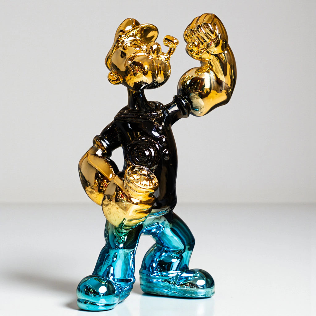 Artistic retro-inspired figurine with bold metallic finish and vibrant decorative detailing for luxury tabletop presentation