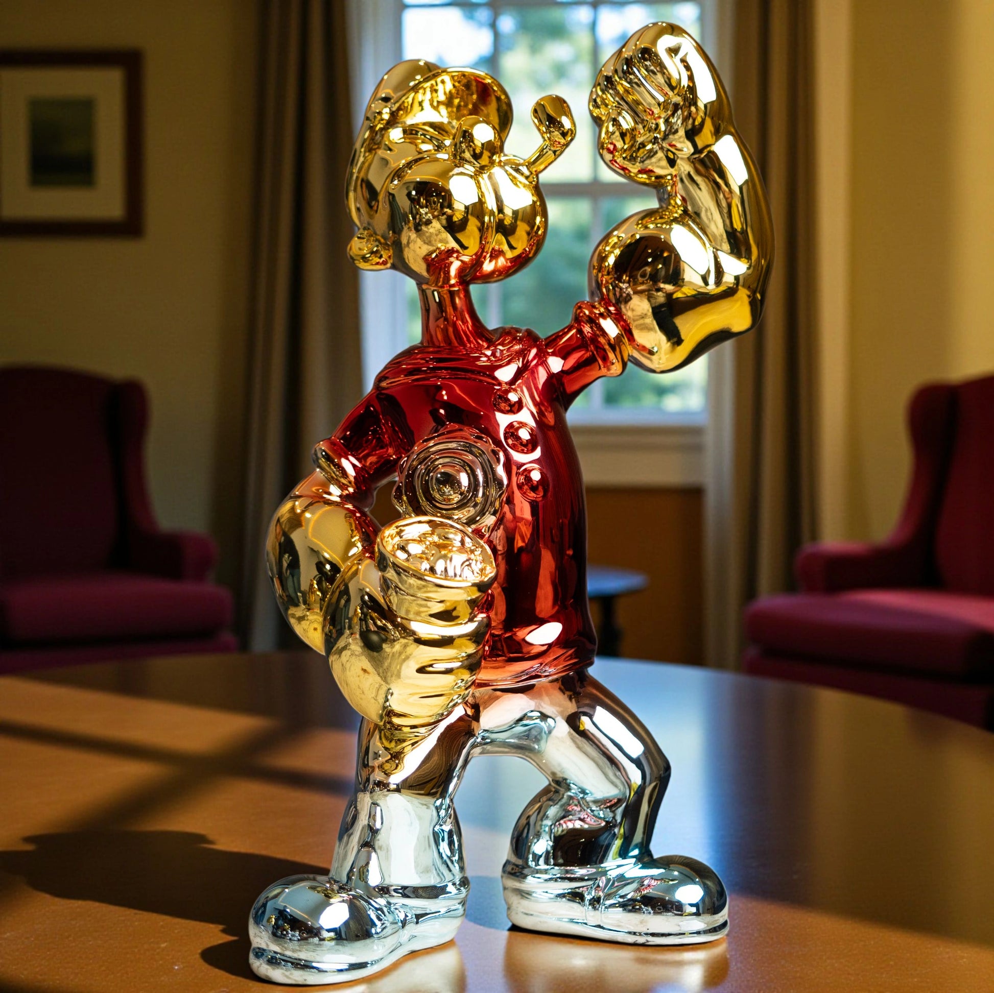 Red, gold, and silver metallic resin figurine in a dynamic pose — luxury electroplated decorative sculpture by Ghar Art.