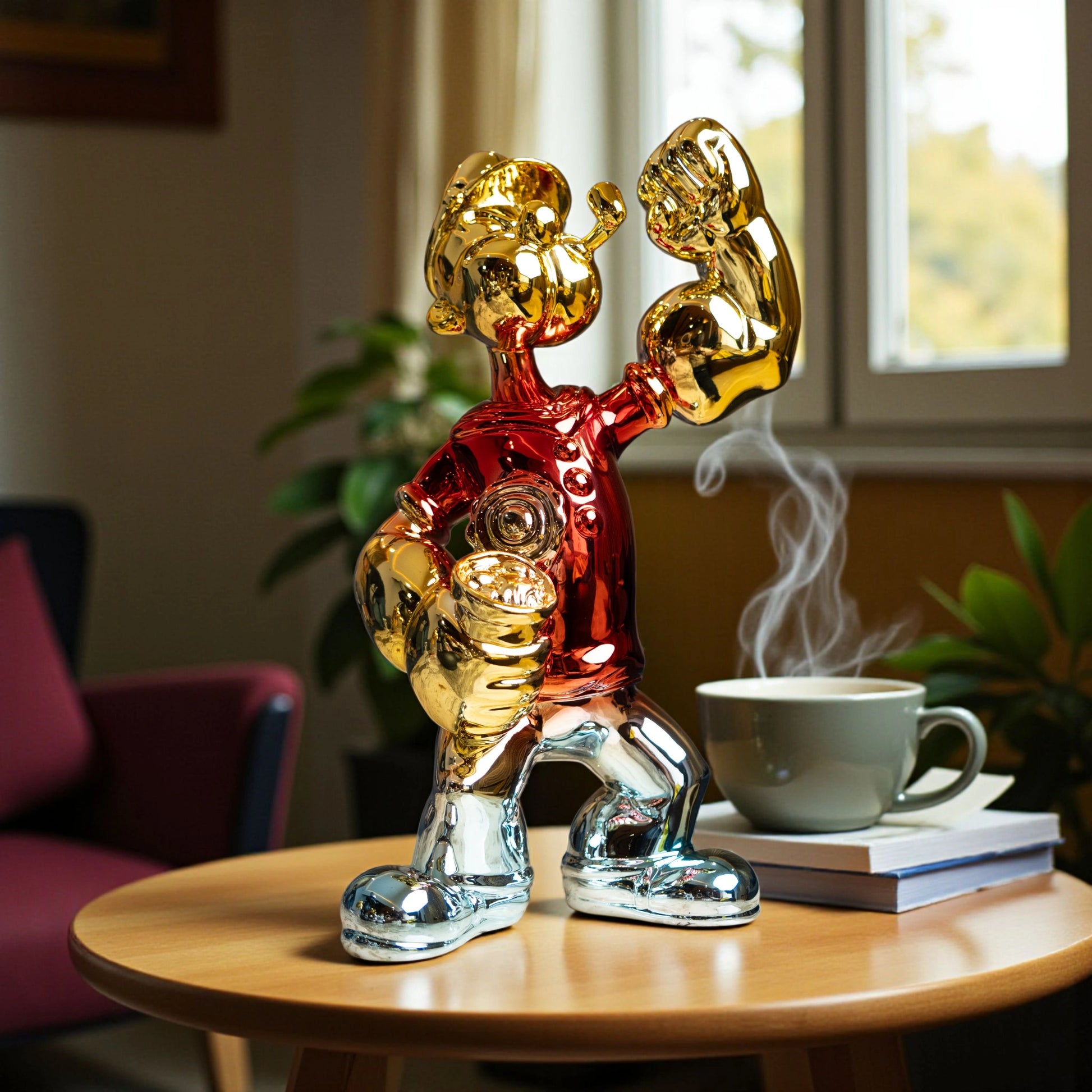 Red, gold, and silver metallic resin figurine in a dynamic pose — luxury electroplated decorative sculpture by Ghar Art.