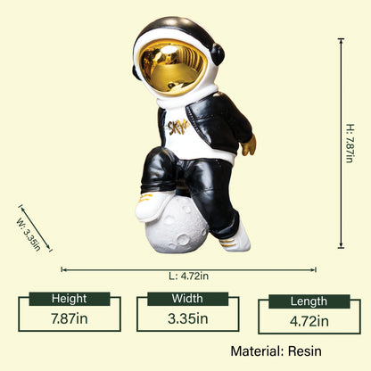Contemporary space explorer statue with reflective metallic helmet and monochrome fashion-inspired outfit styling