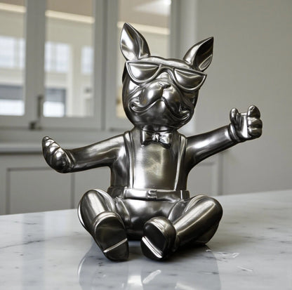 Metallic bulldog figurine holding corkscrew and wearing sunglasses — Boozy Bulldog wine holder by Ghar Art, luxury tabletop bar décor collectible.