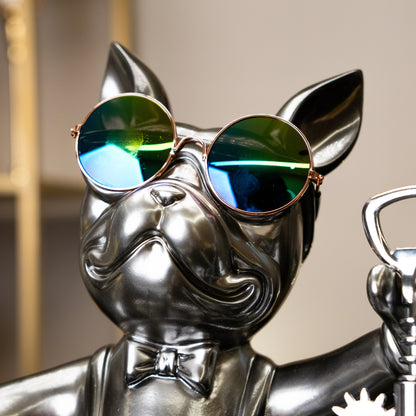 Metallic bulldog figurine holding corkscrew and wearing sunglasses — Boozy Bulldog wine holder by Ghar Art, luxury tabletop bar décor collectible.