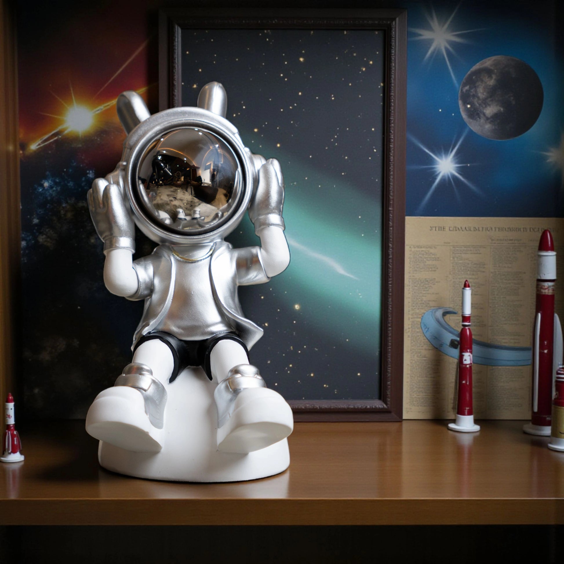Seated silver and white astronaut figurine with headphones and chrome visor