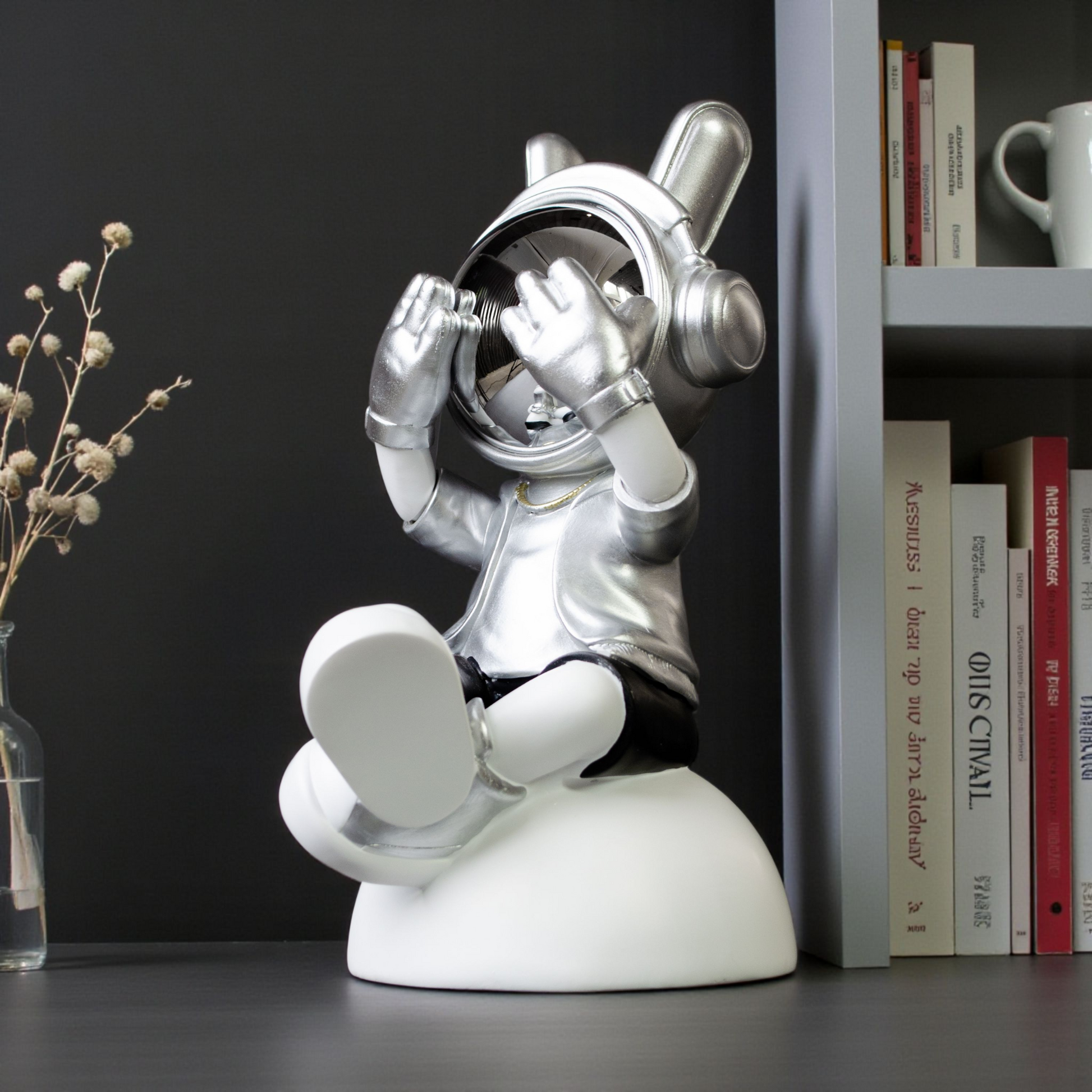 Seated astronaut figurine in silver suit covering chrome visor on white base
