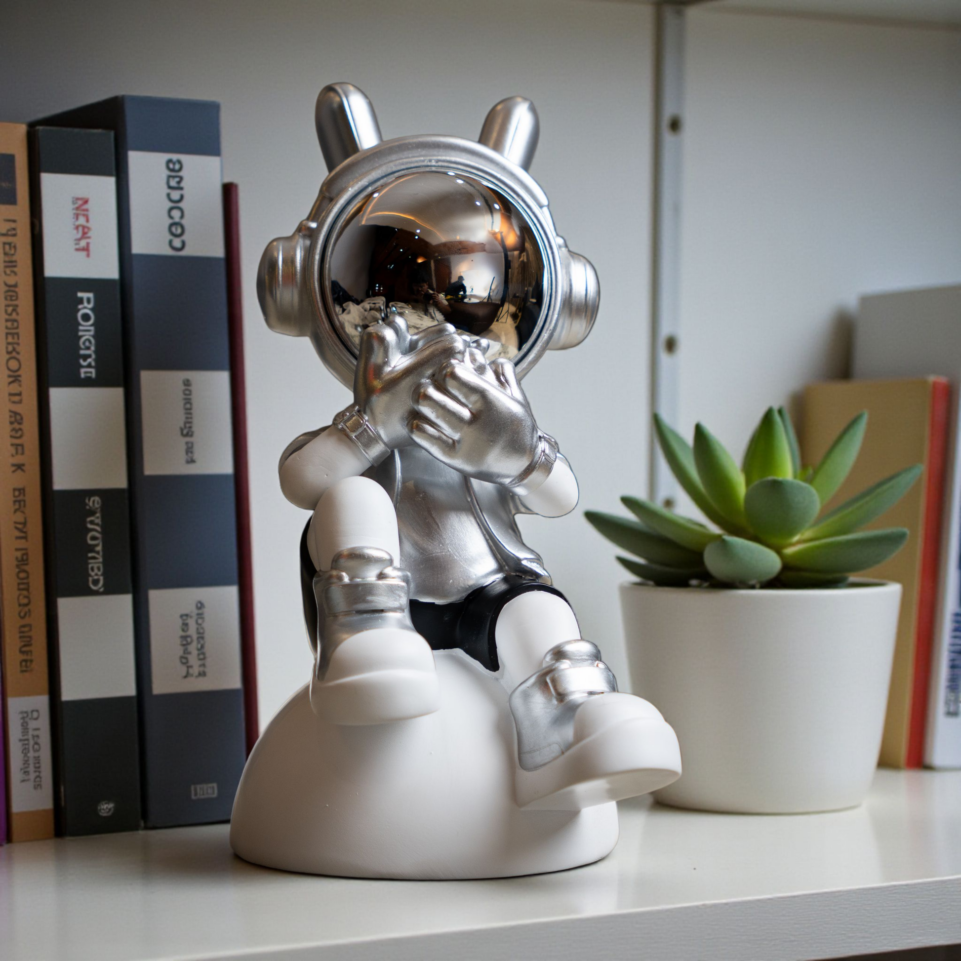 Seated astronaut figurine in metallic silver and white covering its visor in a speak-no-evil pose