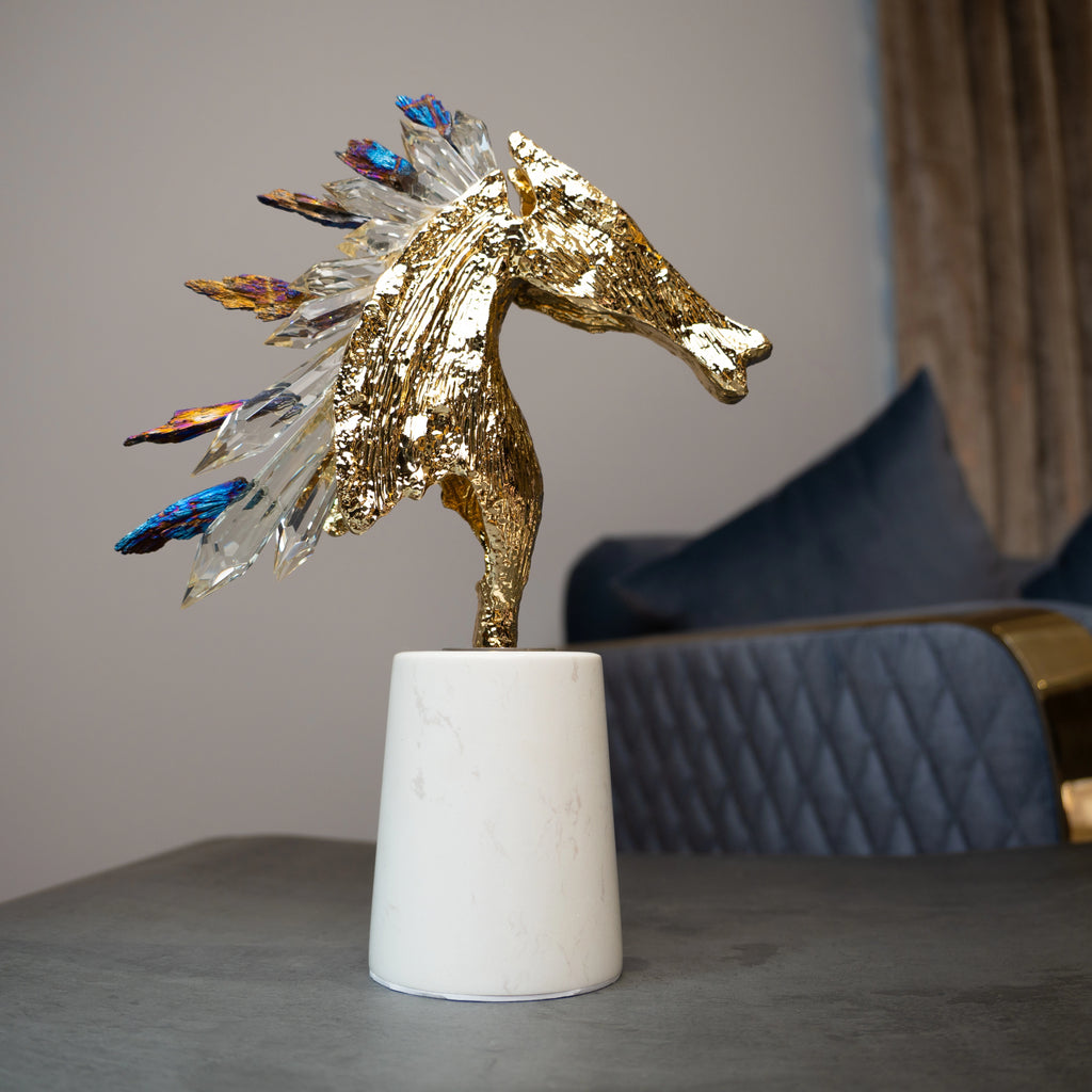 Luxury crystal galloping horse décor piece with metallic gold finish