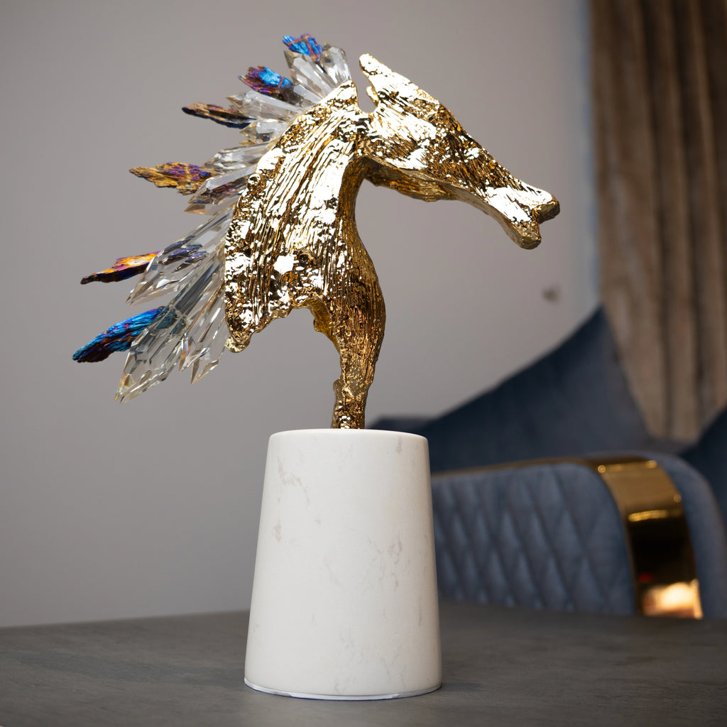 Luxury crystal galloping horse décor piece with metallic gold finish