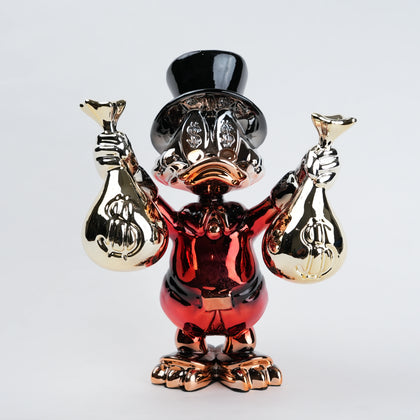 Red luxury money decor showpiece with gold accents holding money bags for home and office styling