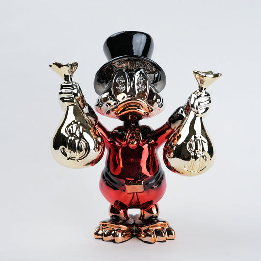 Red luxury money decor showpiece with gold accents holding money bags for home and office styling
