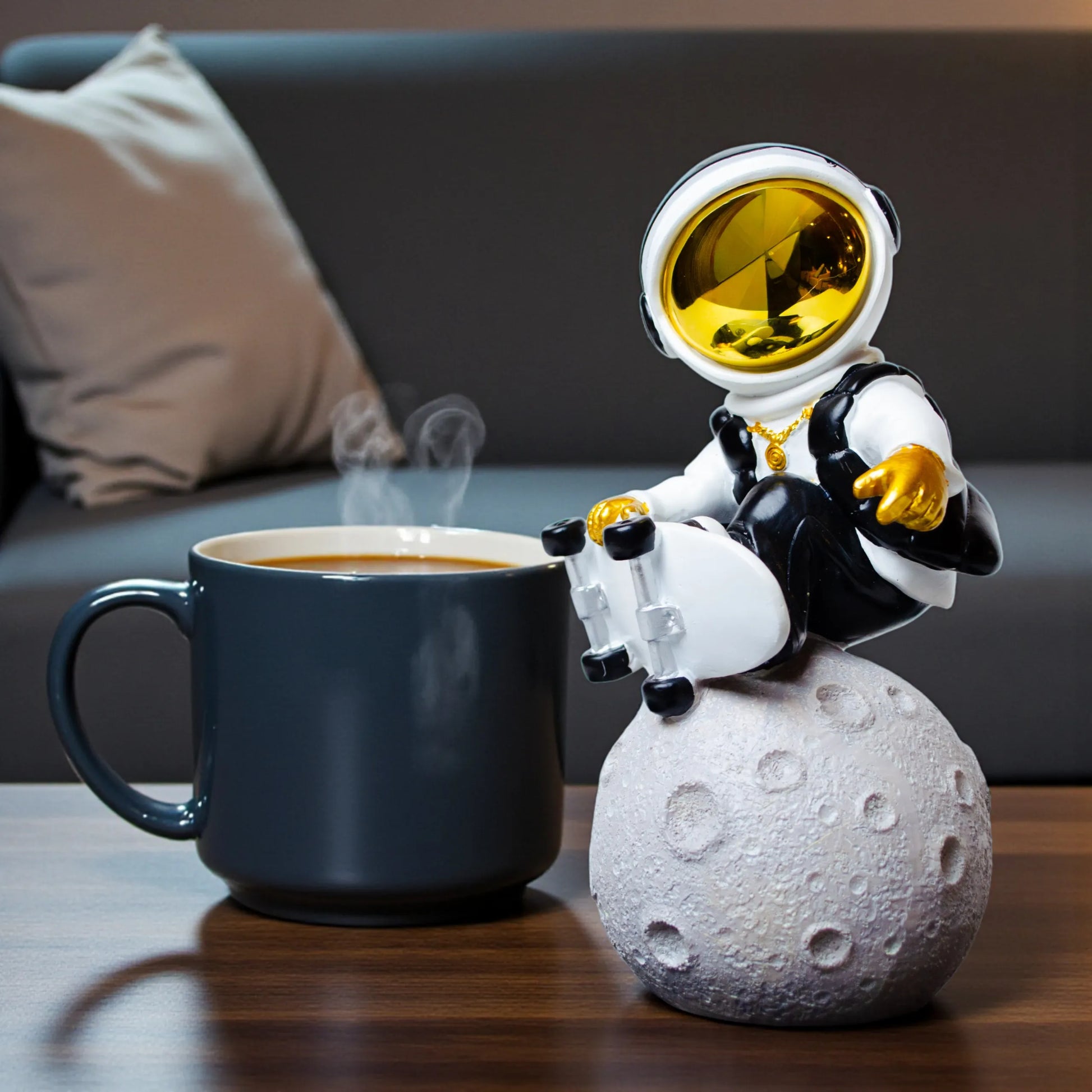 white cosmic skater astronaut figurine sitting on moon with skateboard