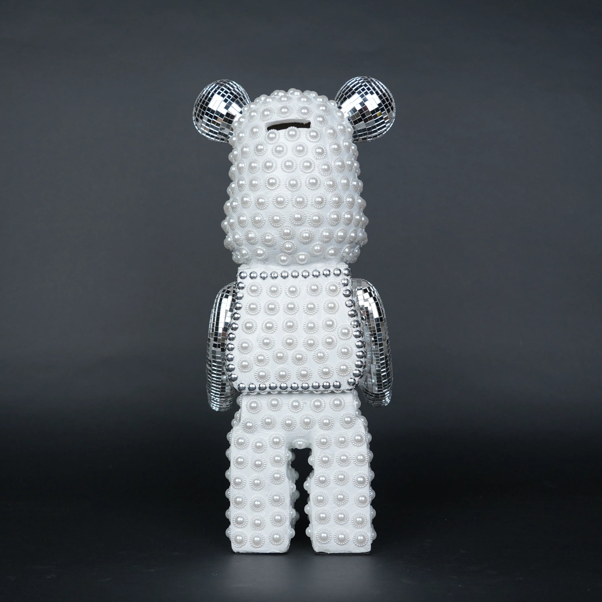 White pearl-studded bear sculpture with silver mirrored accents — Silver Luxe Bear Sculpture by Ghar Art, handcrafted modern luxury home decor collectible.