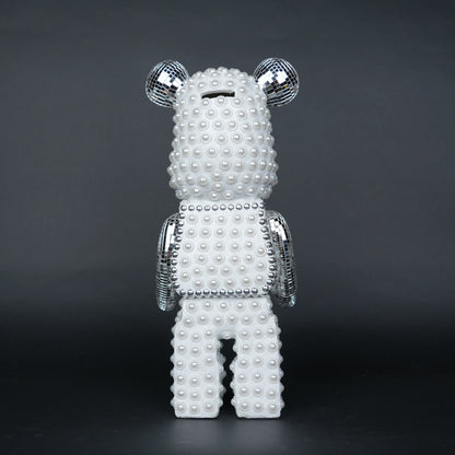 White pearl-studded bear sculpture with silver mirrored accents — Silver Luxe Bear Sculpture by Ghar Art, handcrafted modern luxury home decor collectible.